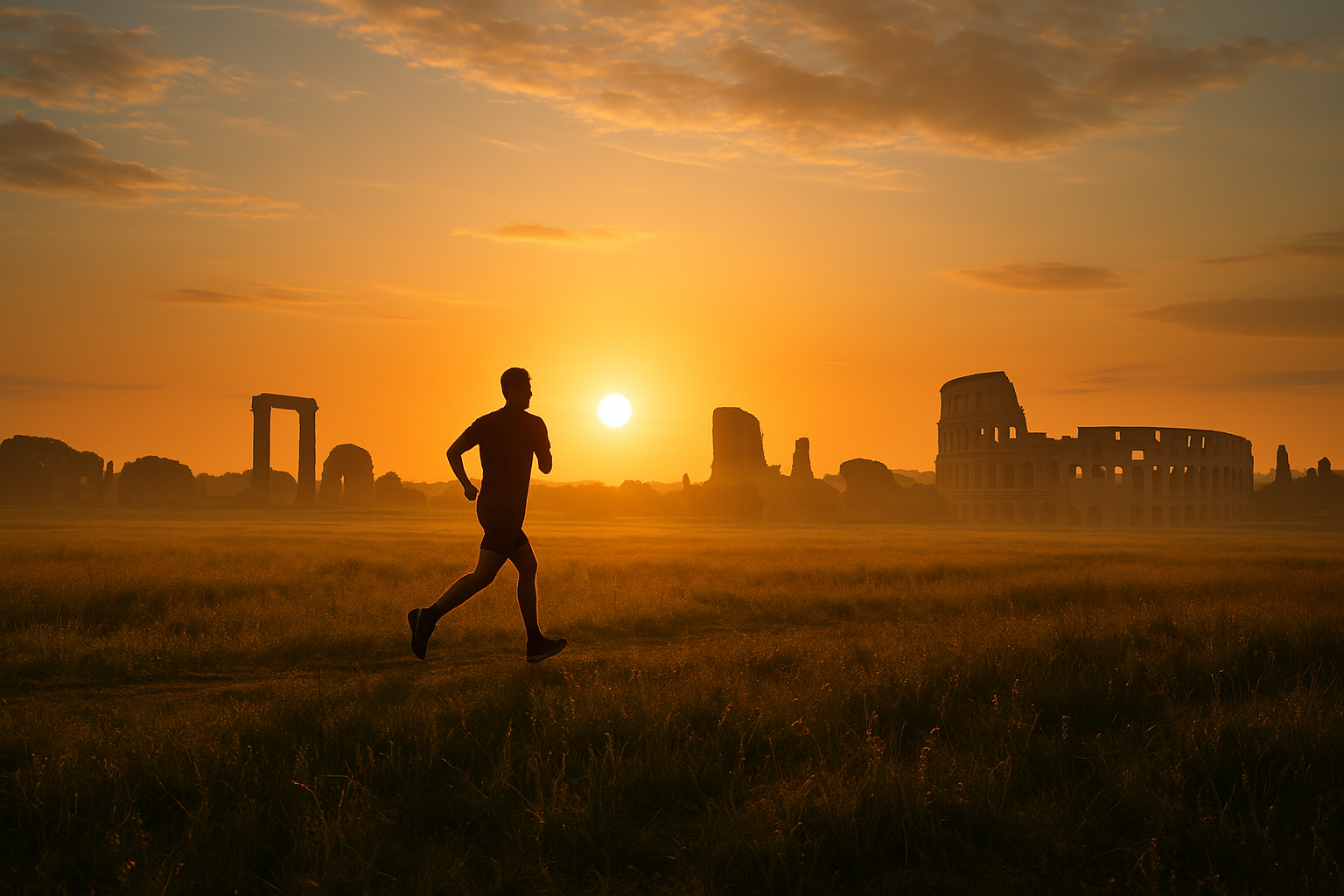 A wide-angle shot of a runner crossing a field at sunrise, blending ancient ruins into the horizon—symbolizing the bridge between past and present endurance rituals. Yudae Wellness.
