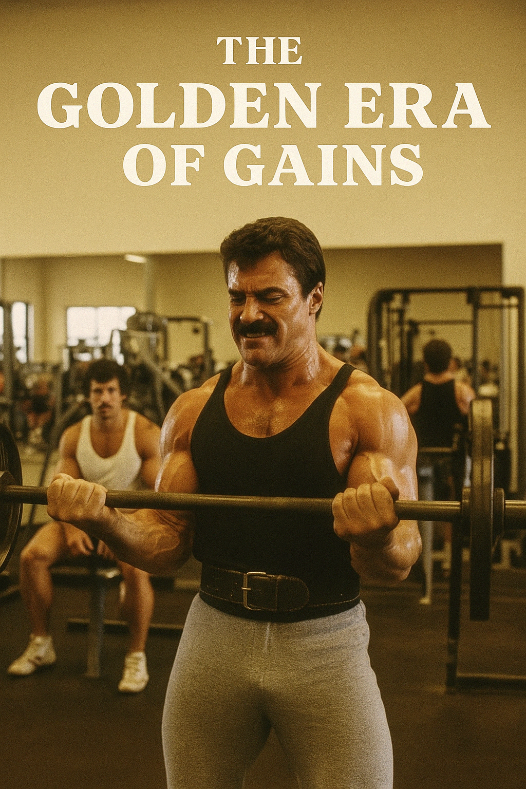 Man in Gold's Gym Bicep Curling Barbel wearing a weight belt with a black shirt and white pants. In the background is a sepia alto gym aesthetic. A bodybuilder is seen looking on.
