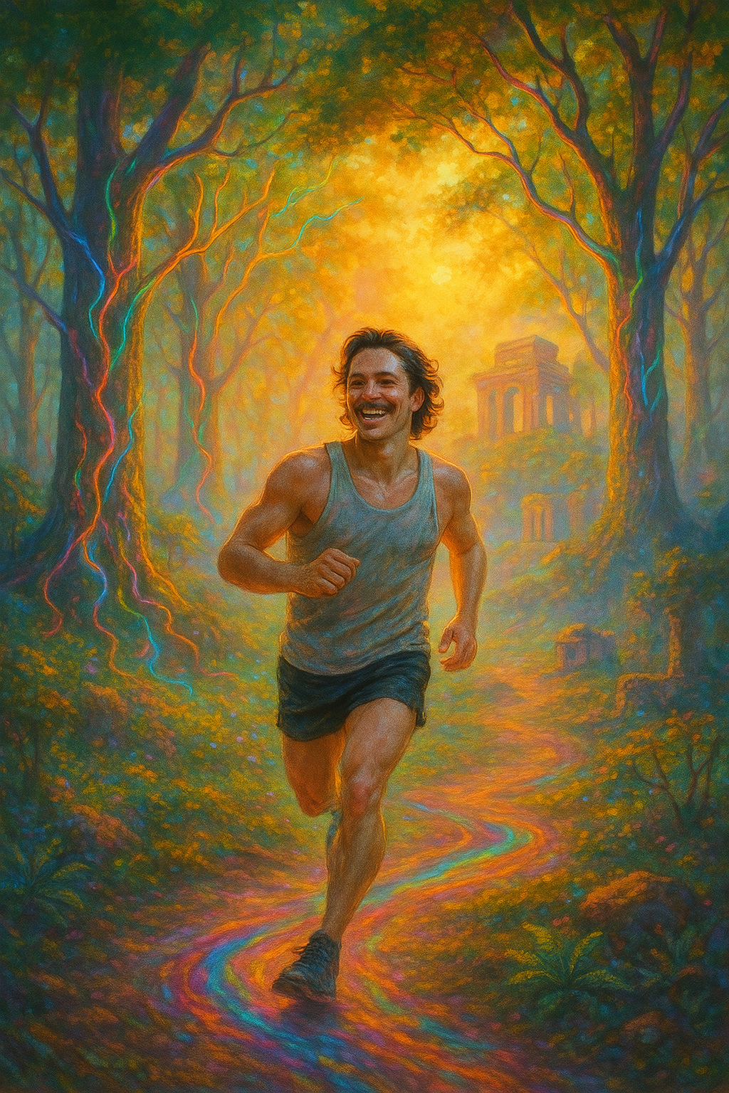Dreamlike scene of a runner moving through a colorful sunlit forest, the environment shifting between reality and a vibrant, psychedelic landscape. Yudae Wellness.