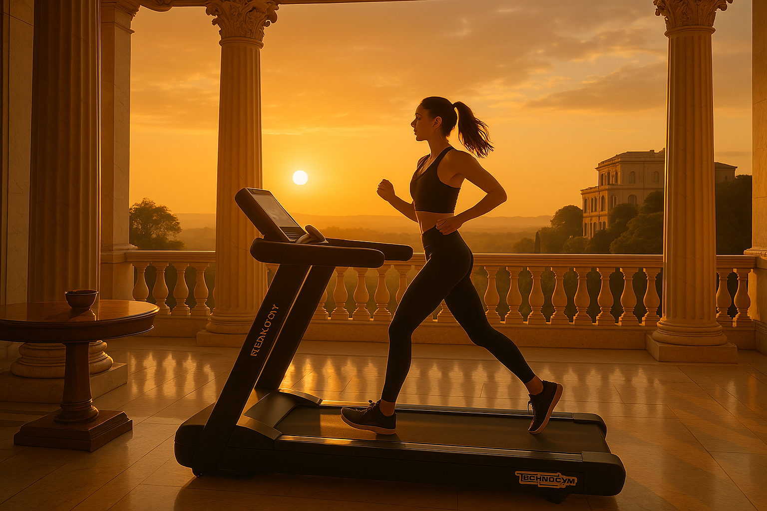 A photograph captures a fit, young woman jogging on a high-end Technogym treadmill set on a luxurious balcony with classical columns. The setting sun casts a golden glow over the scene, highlighting the elegant architecture, marble flooring, and a distant villa surrounded by lush greenery, evoking a sense of opulence and tranquility.