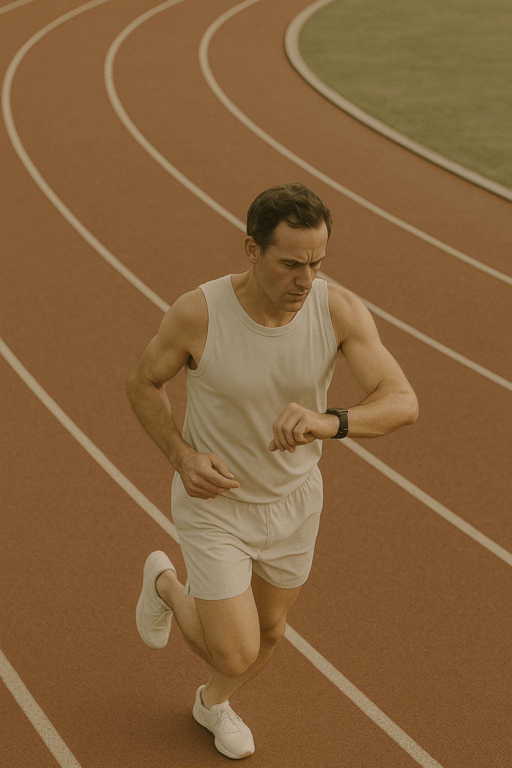 A middle-aged male runner in minimalist white athletic gear is captured mid-stride on a red track, intently checking his smartwatch for pacing data. The curved lines of the track and soft, neutral lighting evoke a timeless, focused atmosphere. - yudae wellness