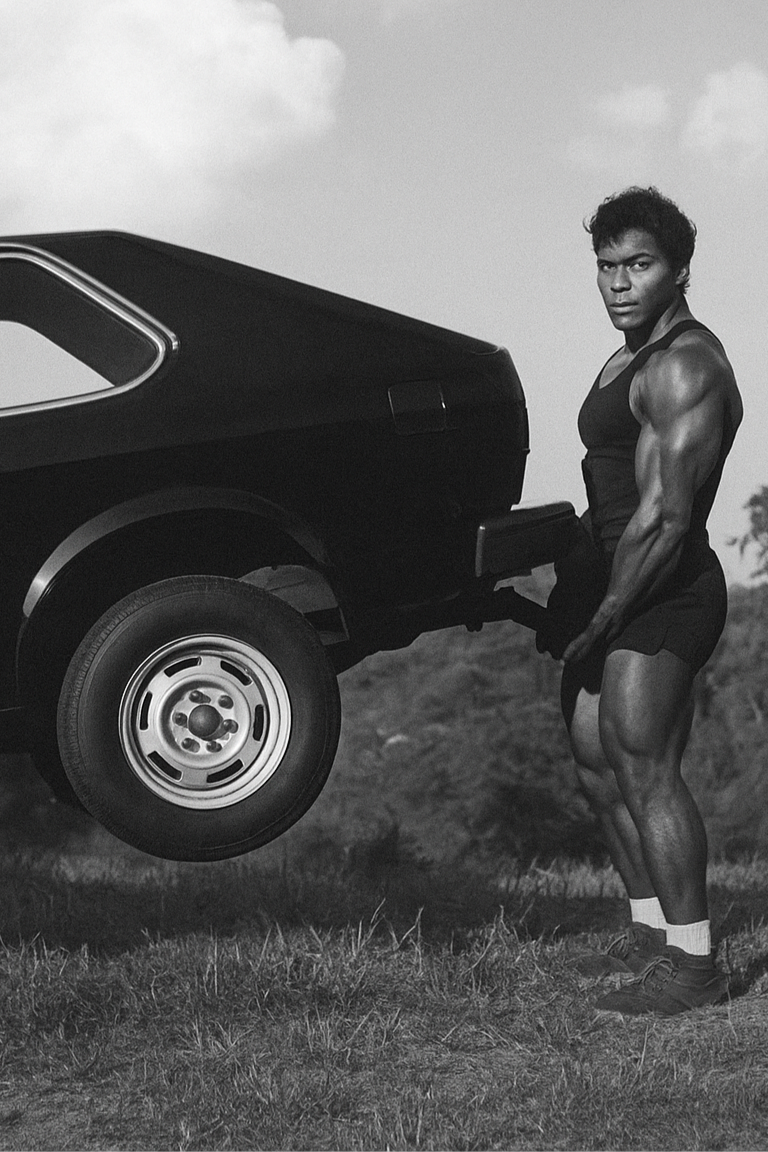 strong bodybuilder bicep curling car at yudae wellness outdoor gym