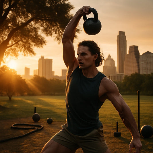 A fit young man performs a kettlebell overhead press at sunrise in an outdoor gym, with Austin’s skyline and fitness equipment in the background.