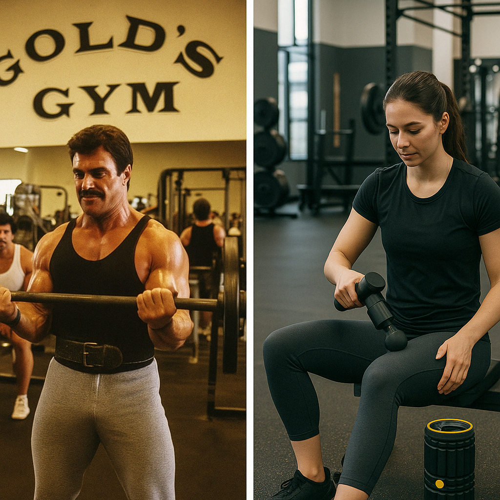 Side-by-side comparison of early 2000s gym fitness lifting culture and modern functional strength and wellness trends.
