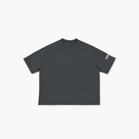 Black t-shirt with a small logo on the sleeve against a white background