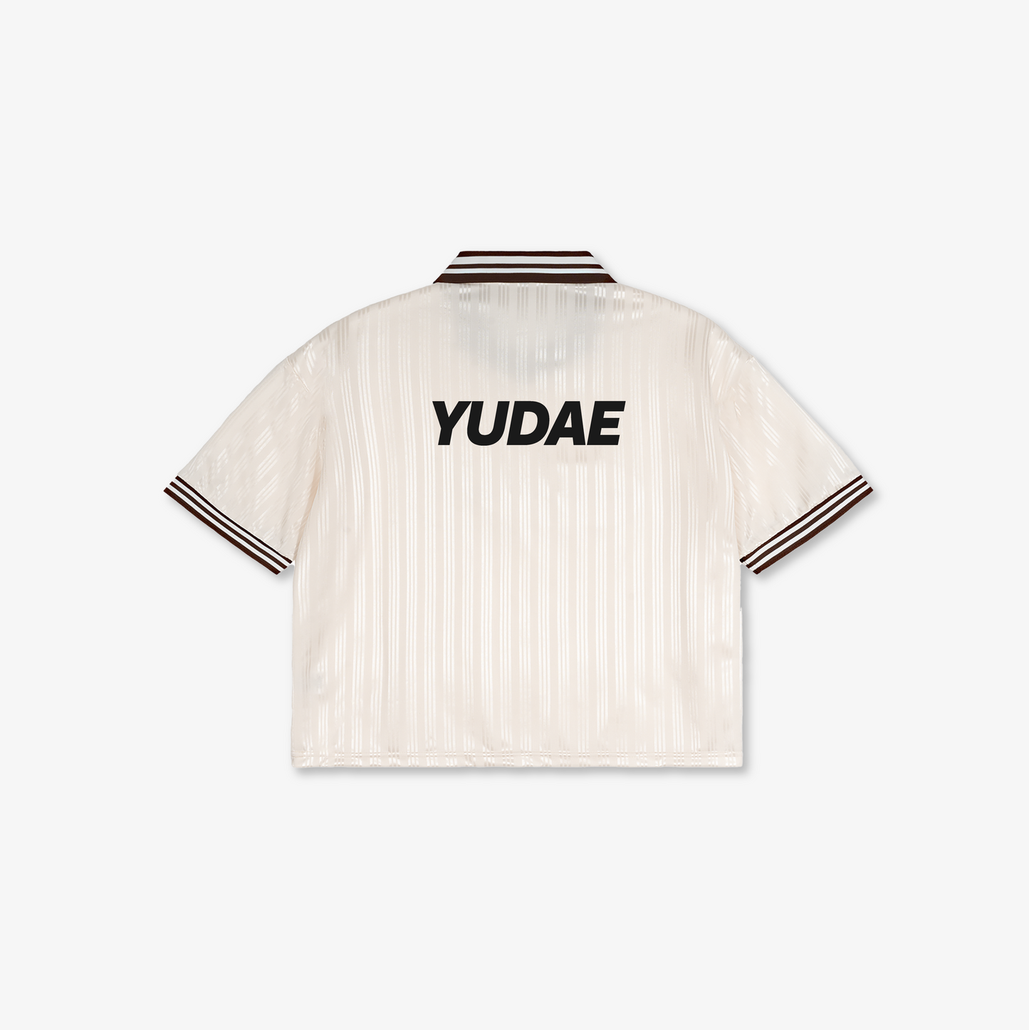 White striped shirt with 'YUDAE' logo on a white background