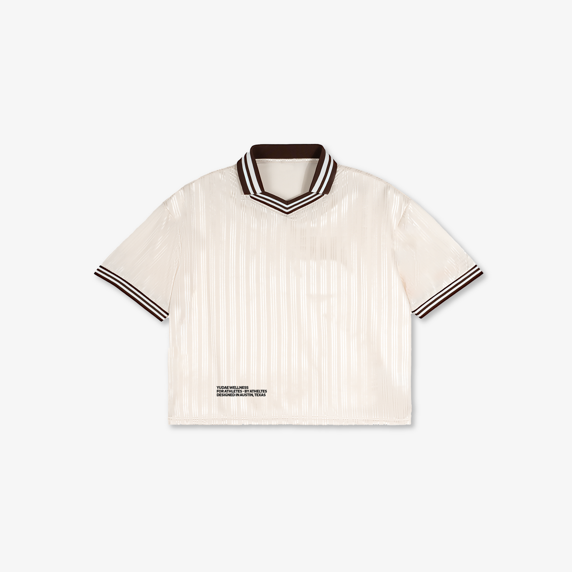 White ribbed knit t-shirt with black trim on a white background