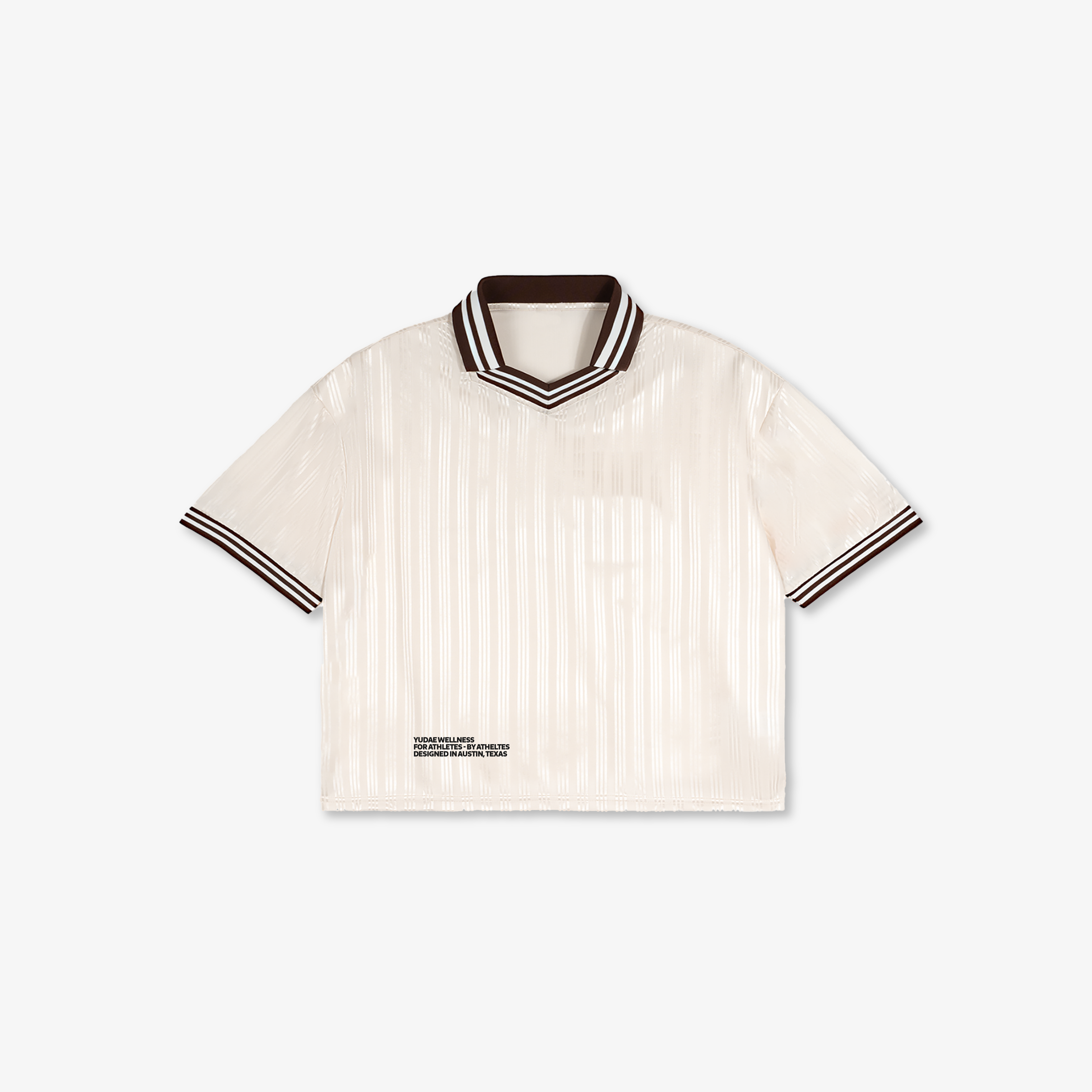 White ribbed knit t-shirt with black trim on a white background