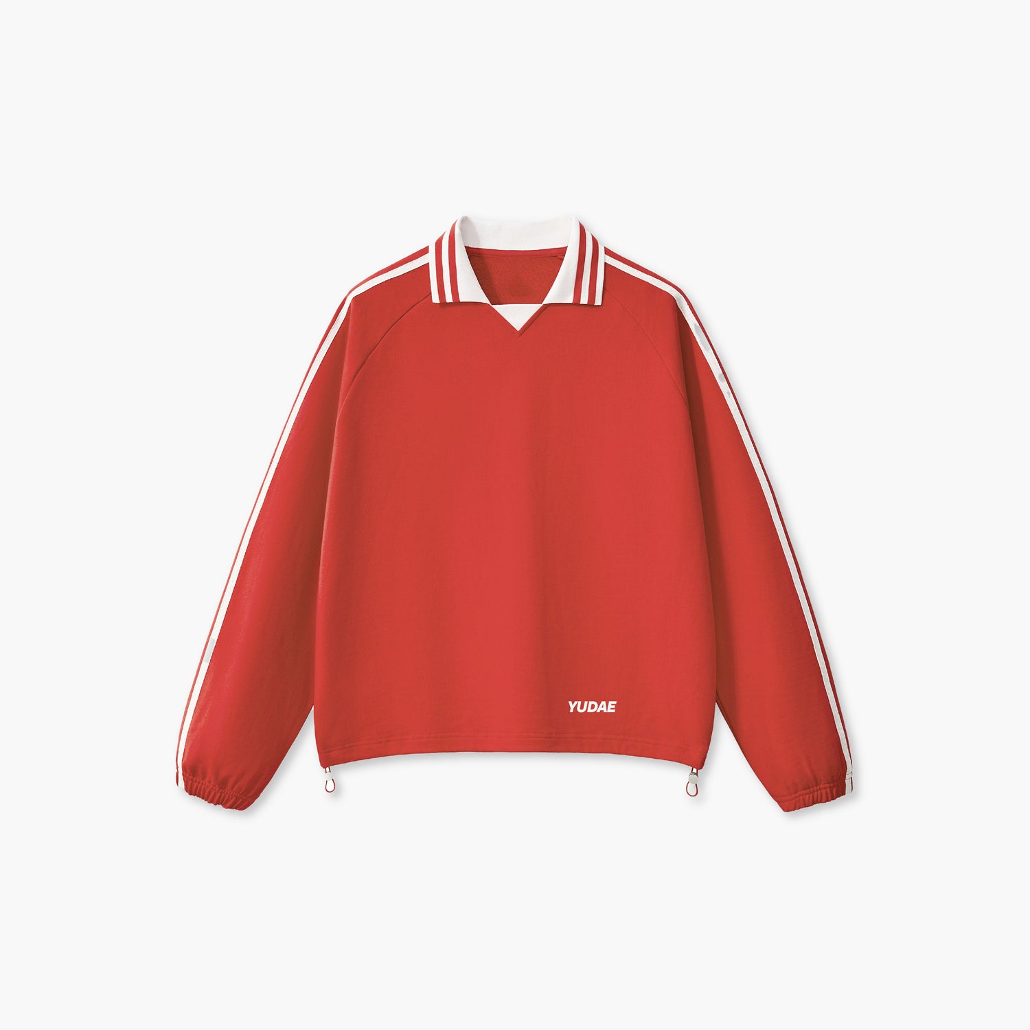 Red sweatshirt with white stripes on a white background
