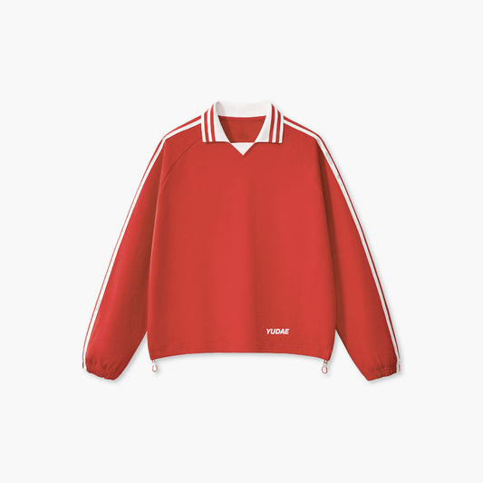 Red sweatshirt with white stripes on a white background