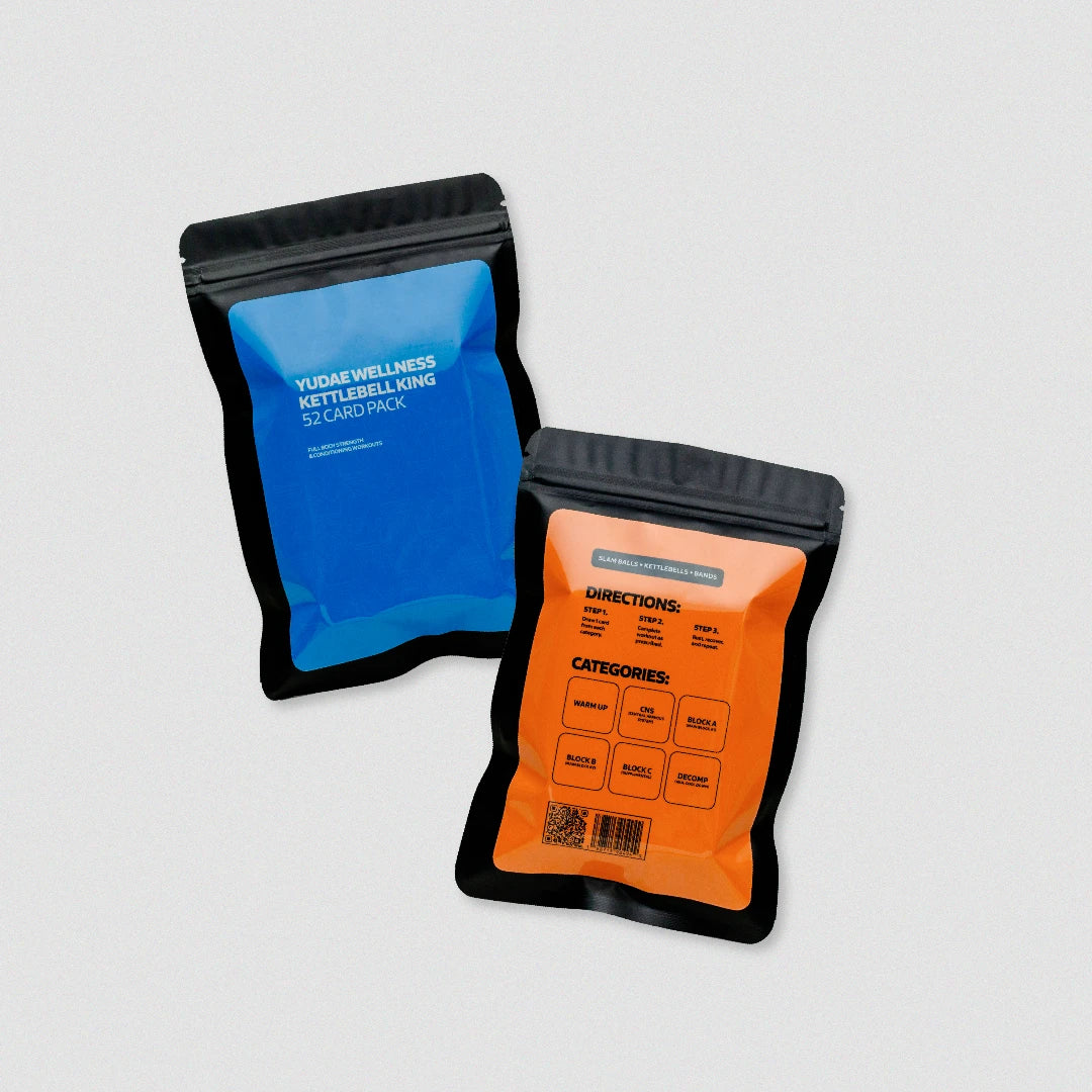 Kettlebell King workout cards front and back - athletic training game for gym routines