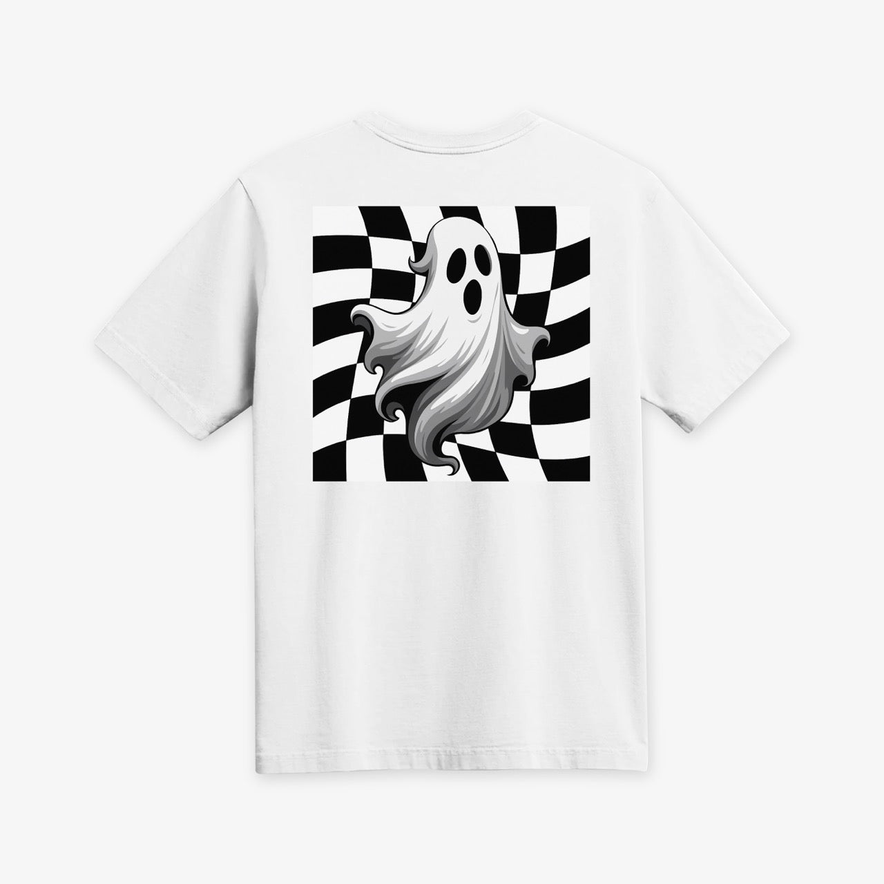 White t-shirt with a ghost design on a checkered background