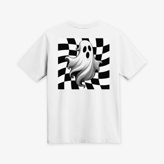 White t-shirt with a ghost design on a checkered background