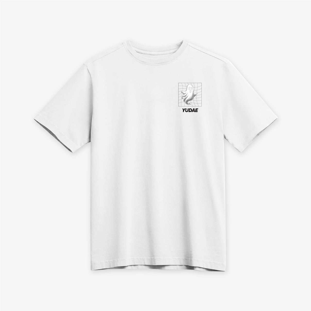 White t-shirt with a small logo on a white background