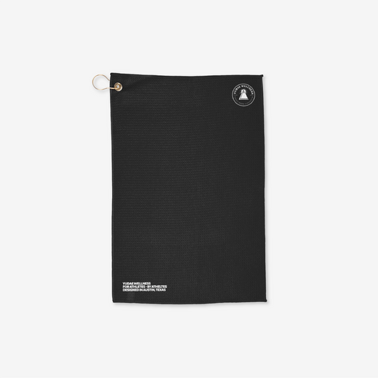 Black towel with a logo on a white background