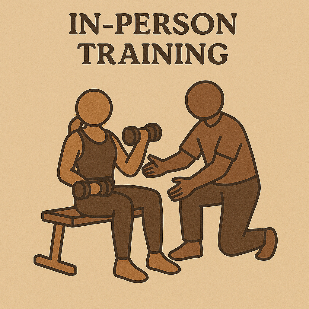 Personal trainer training a client with tan background and words that read in-person training. 