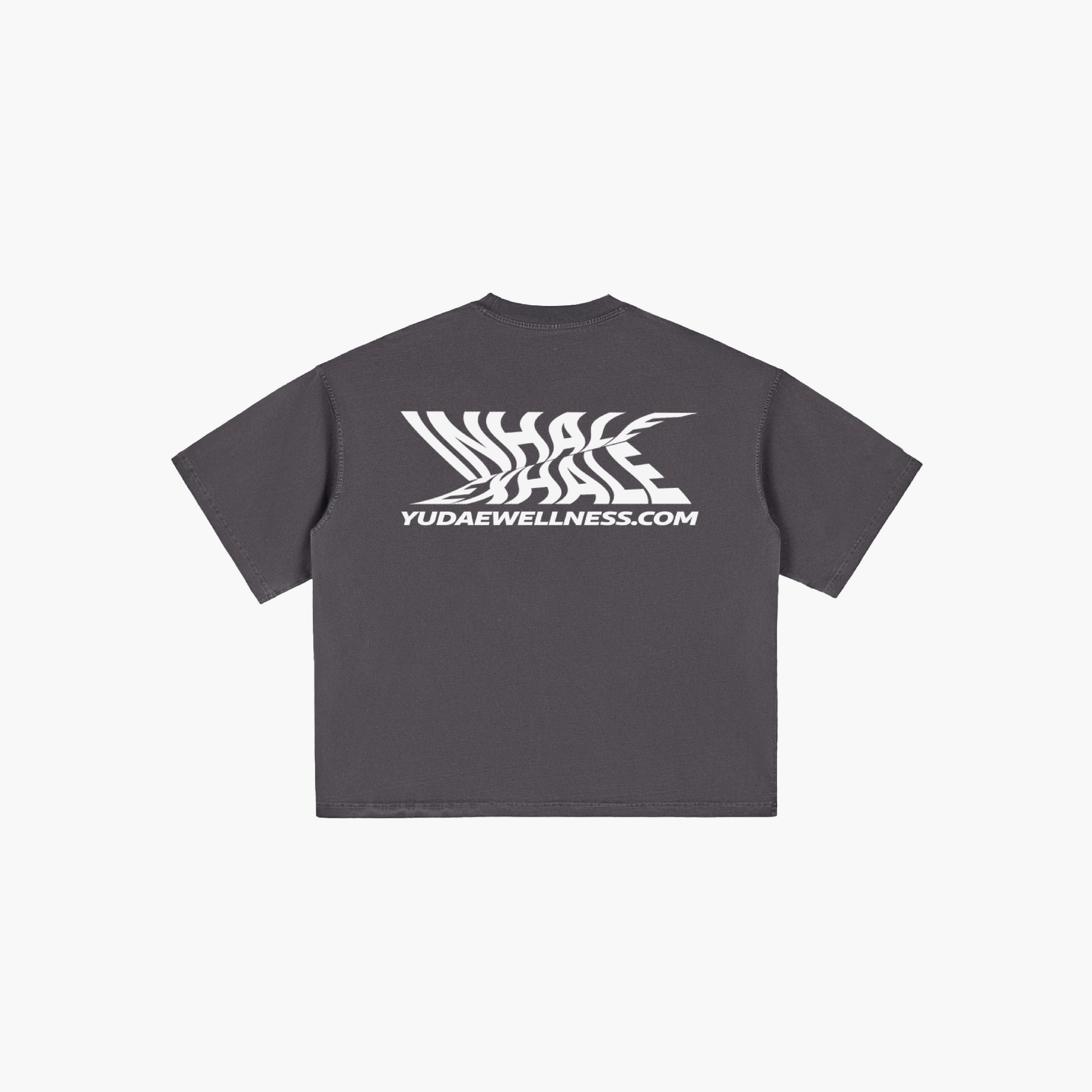 Black t-shirt with white logo and text on a white background