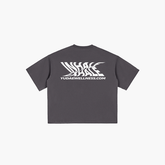 Black t-shirt with white logo and text on a white background