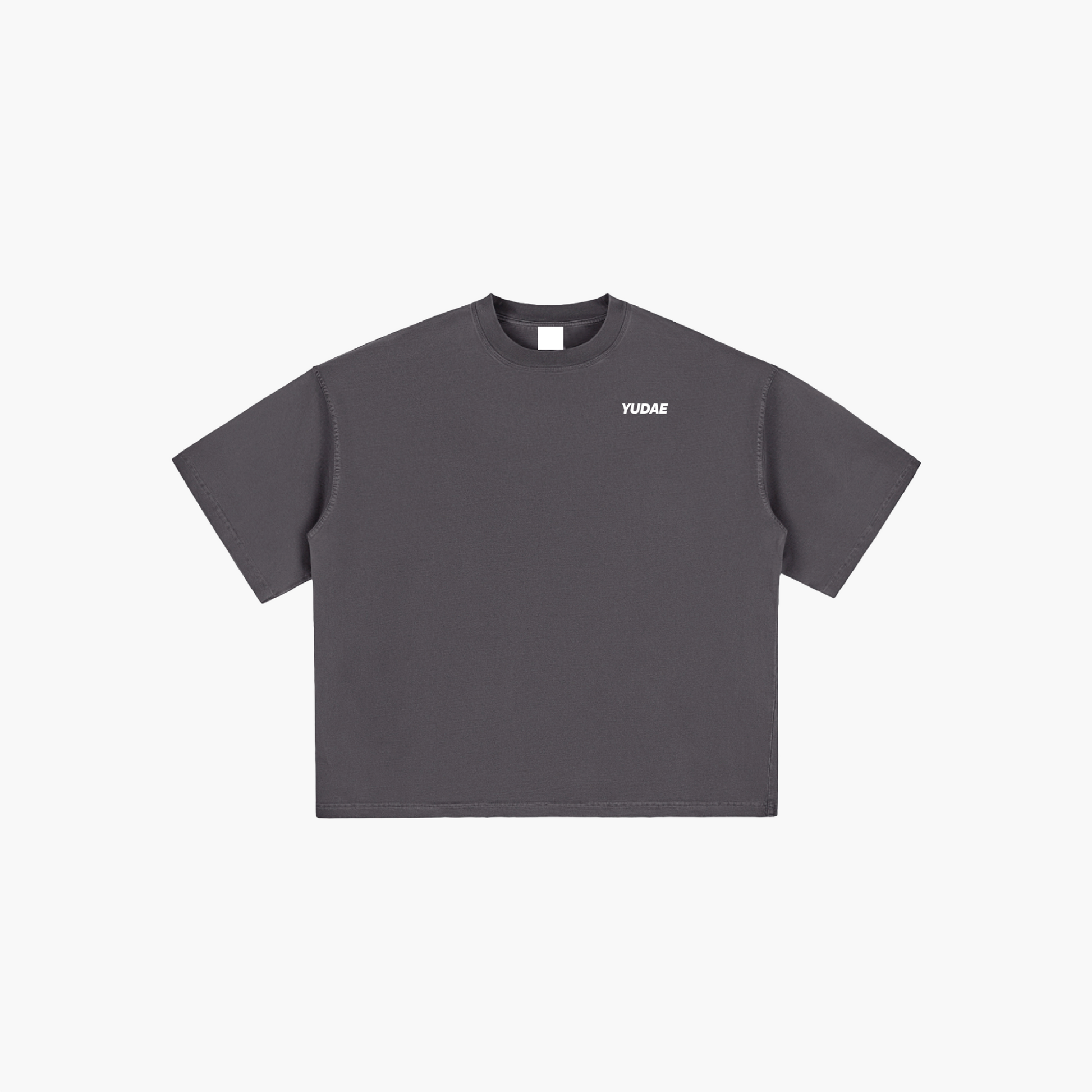 Black t-shirt with a small logo on a white background