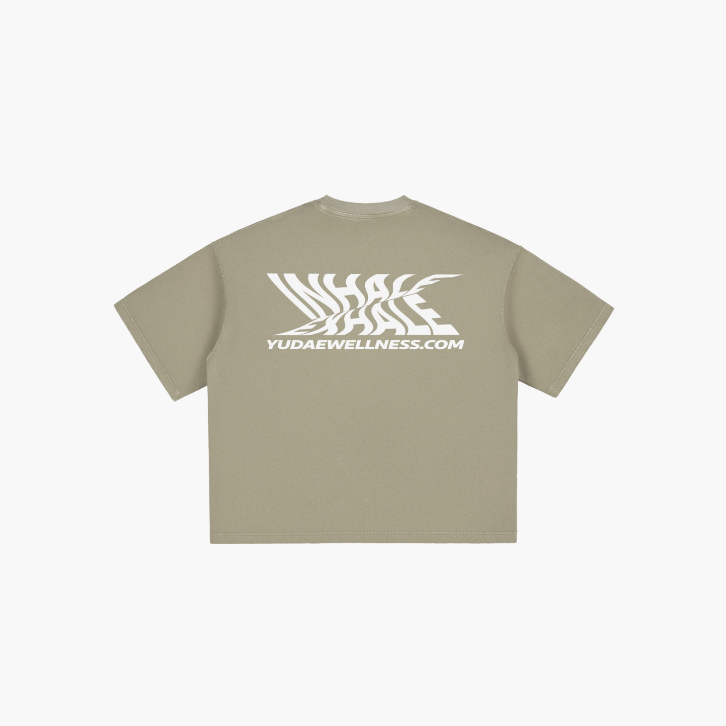Khaki t-shirt with white logo and text on a light gray background