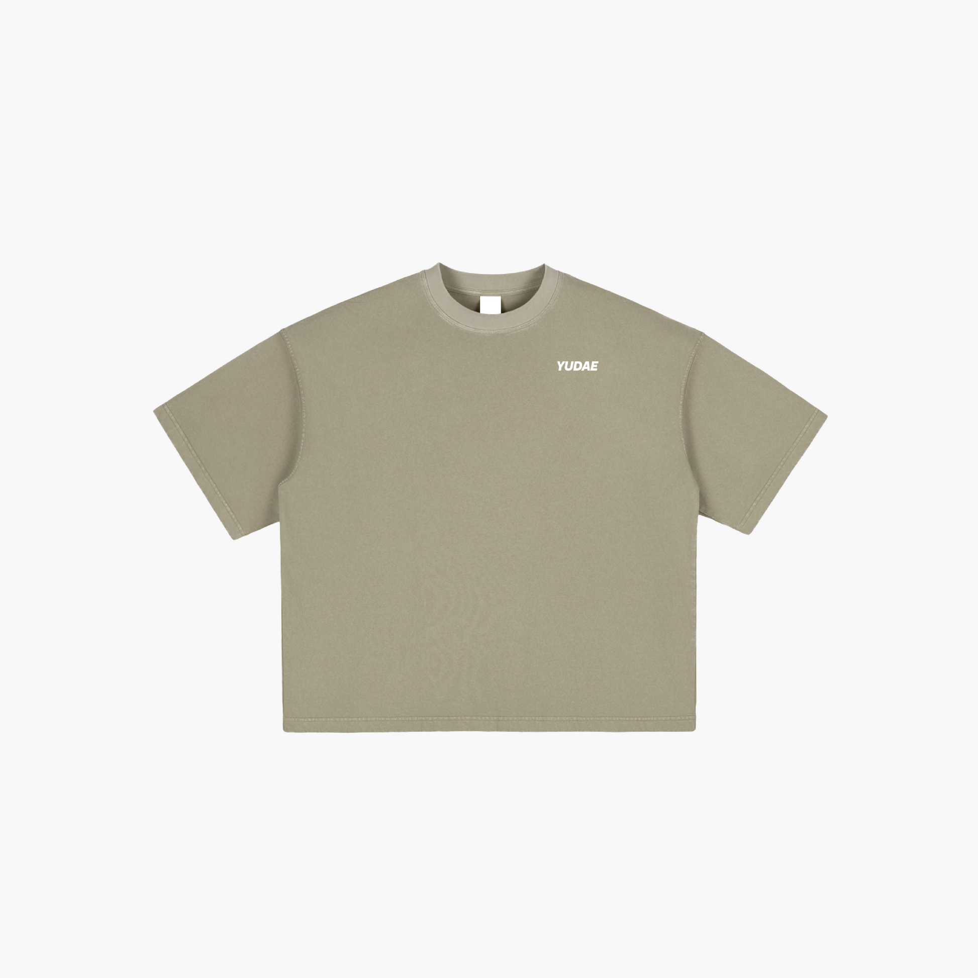 Khaki t-shirt with a brand logo on a white background