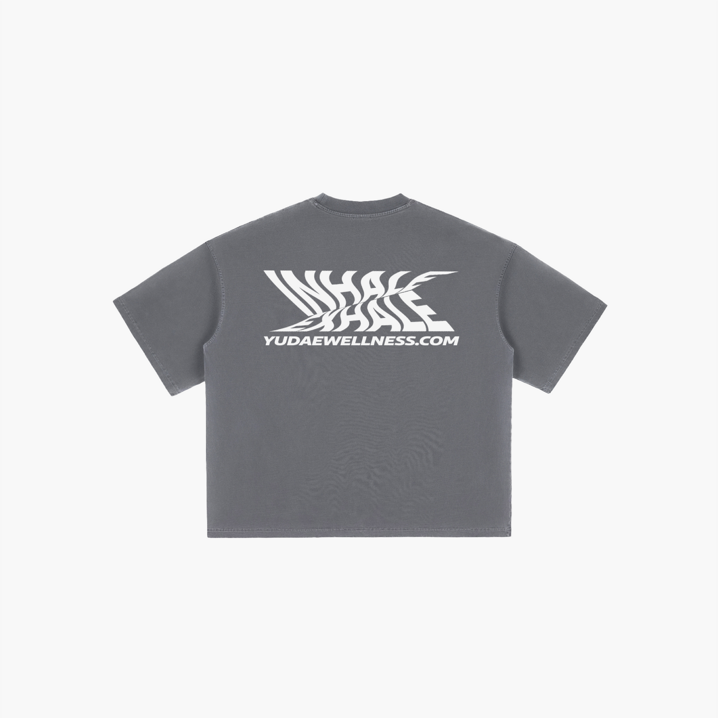 Gray t-shirt with white logo and text on a white background