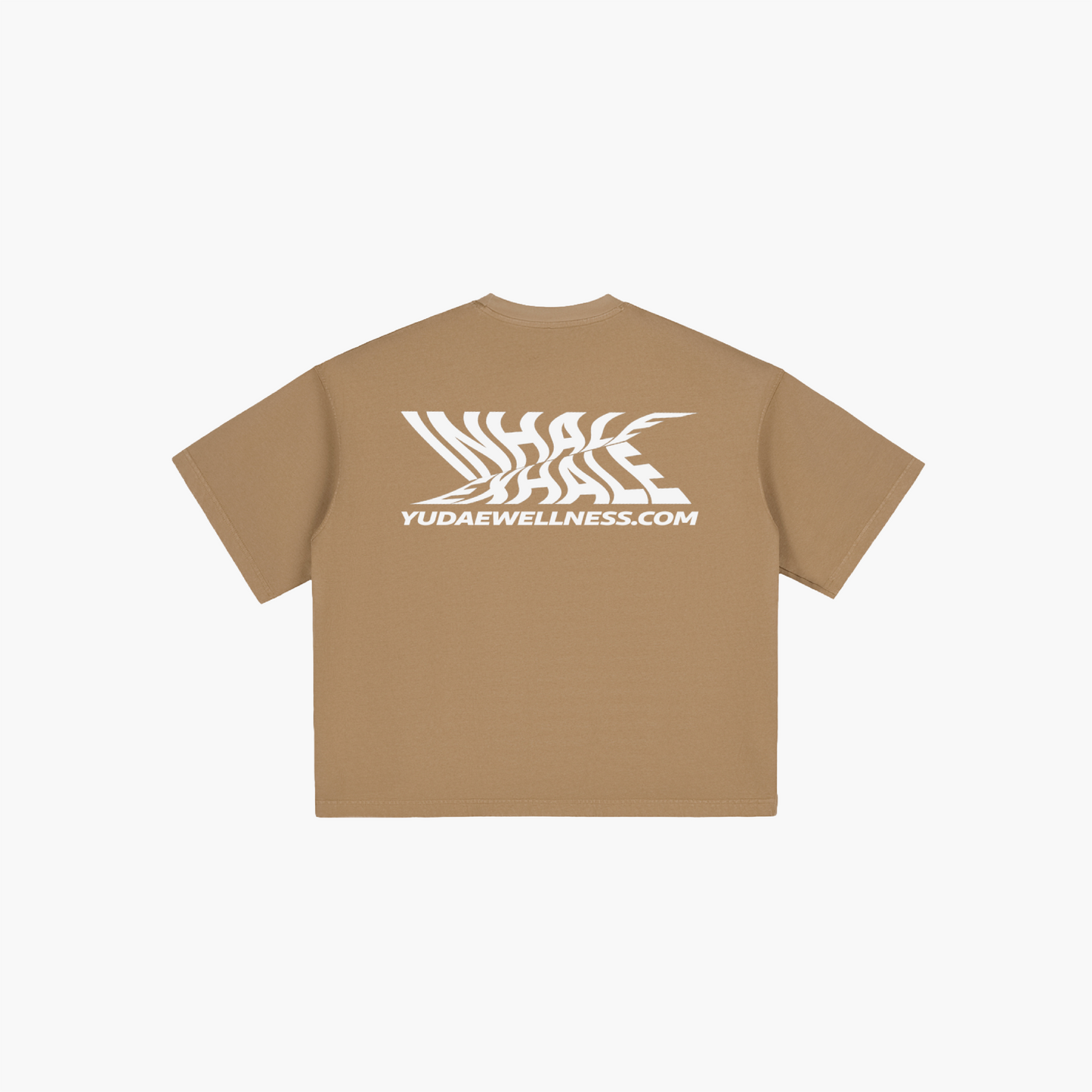 Brown t-shirt with white logo and text on a light beige background