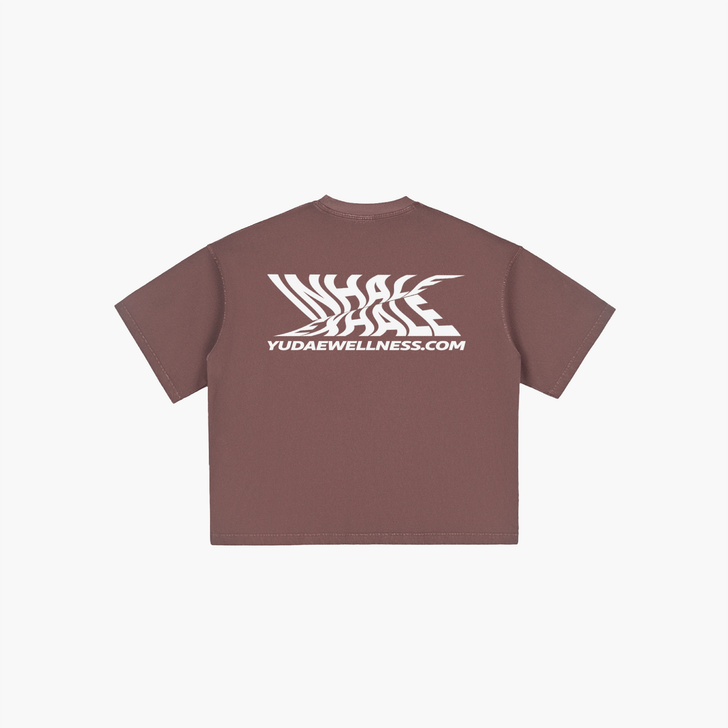 Brown t-shirt with white logo and text on a white background