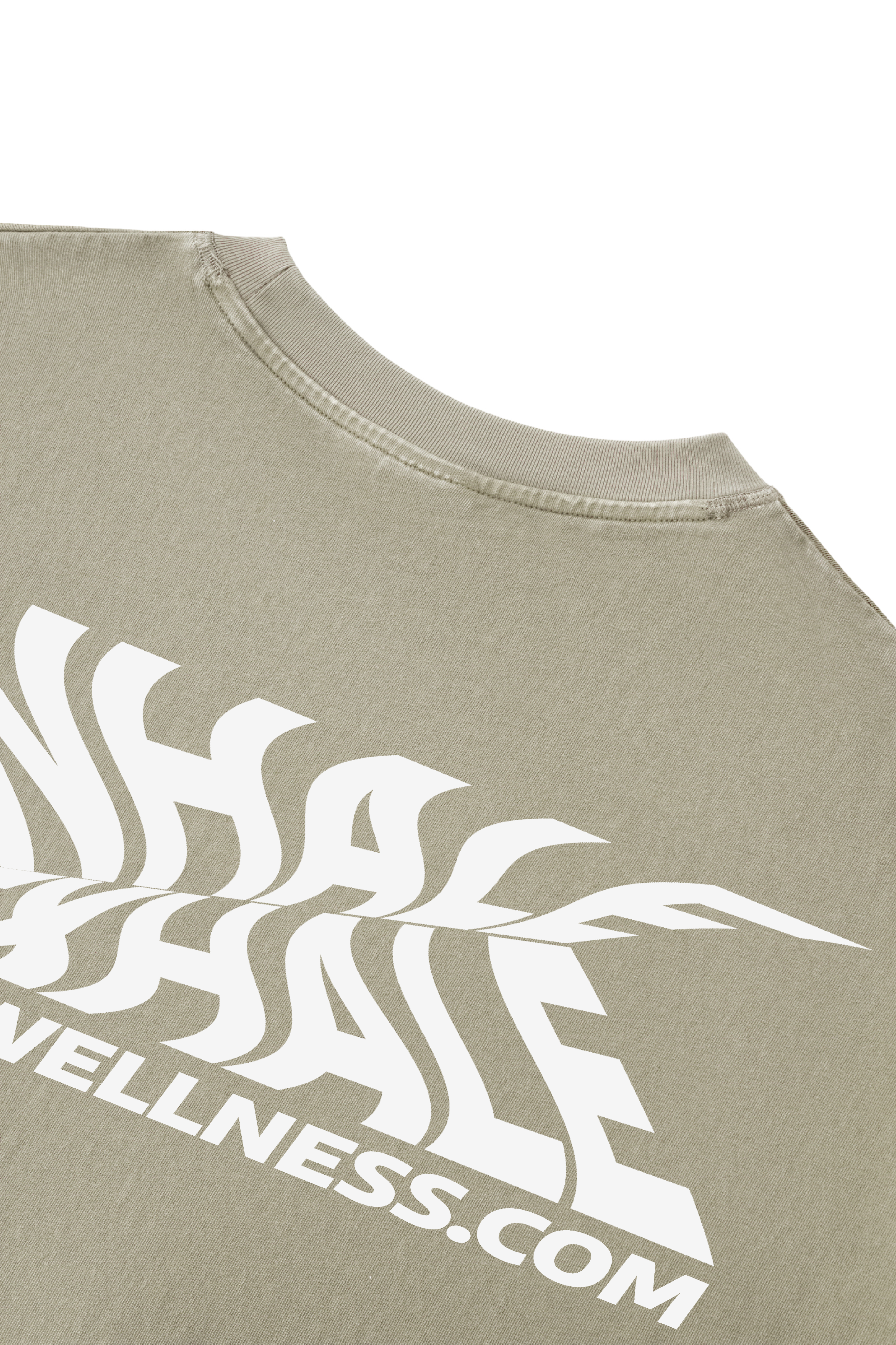 Khaki t-shirt with white logo and text on a beige background