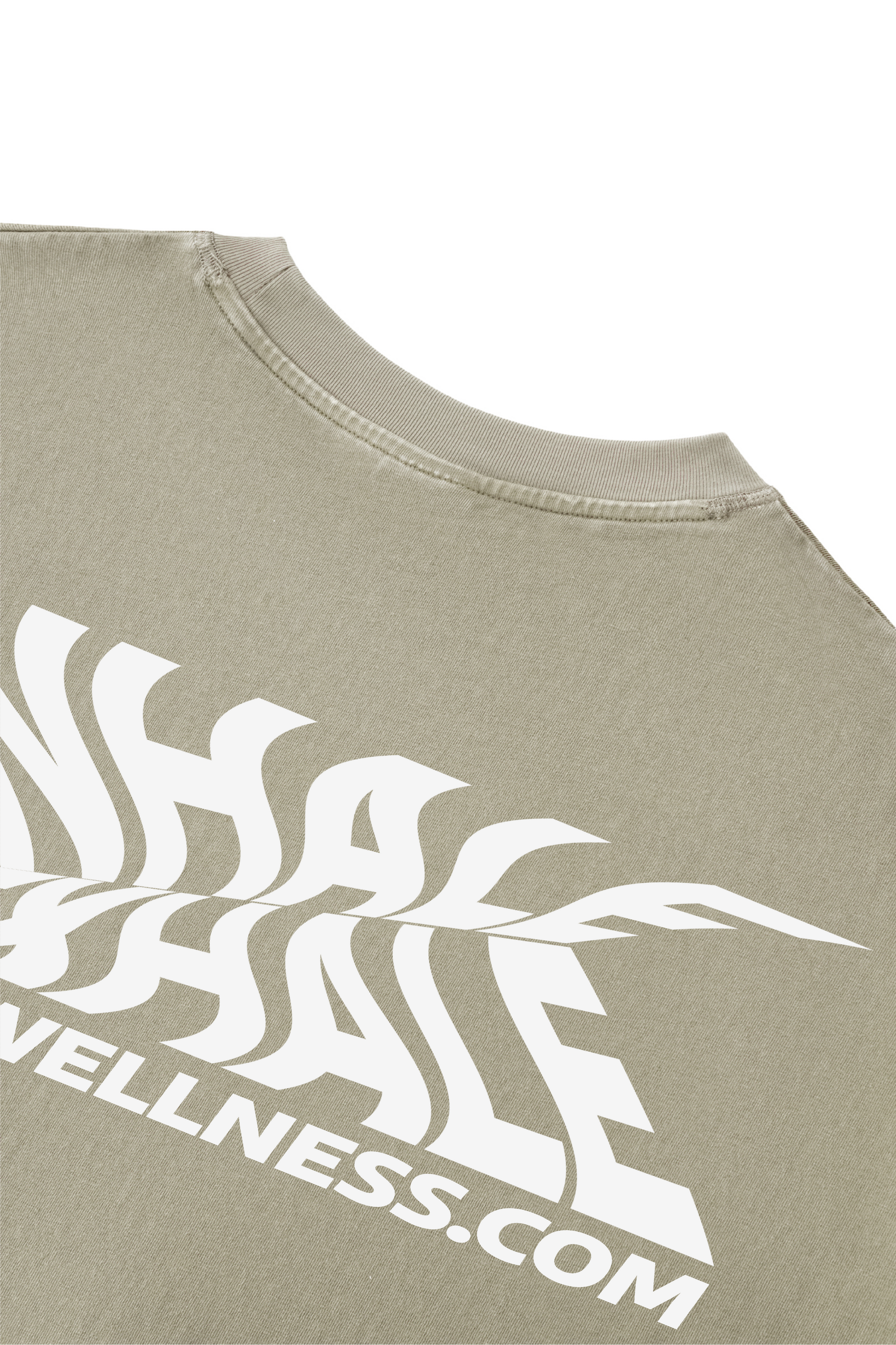 Khaki t-shirt with white logo and text on a beige background