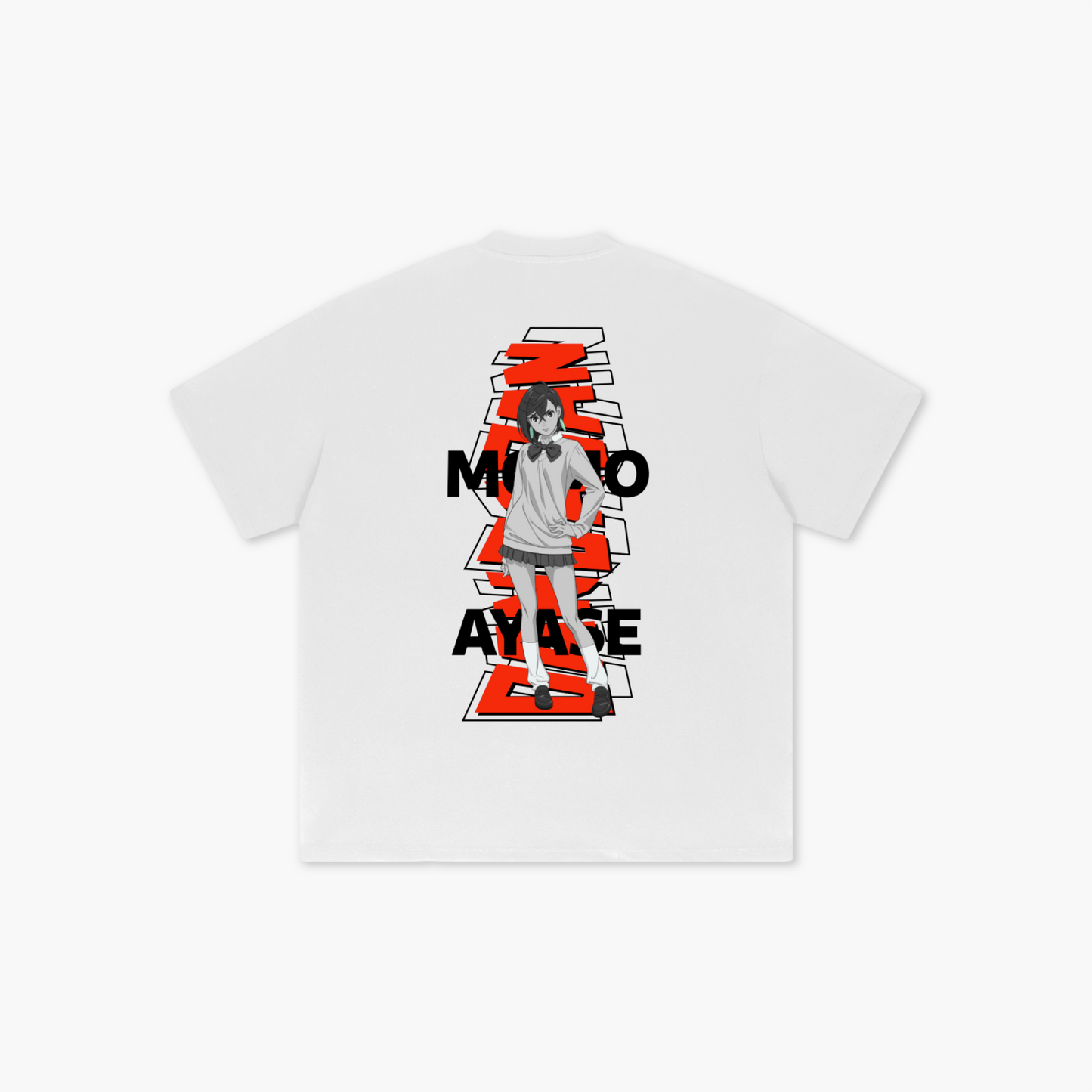 White t-shirt with anime character and text design on a white background