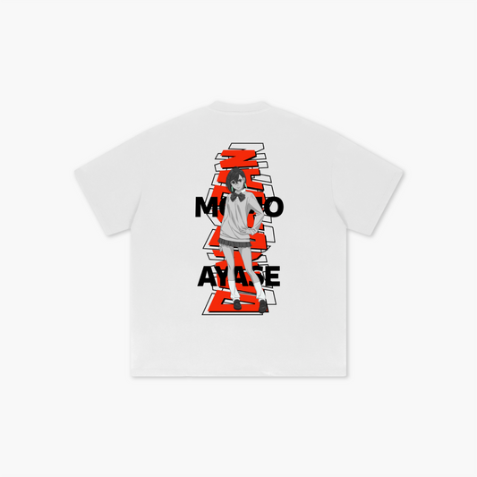 White t-shirt with anime character and text design on a white background