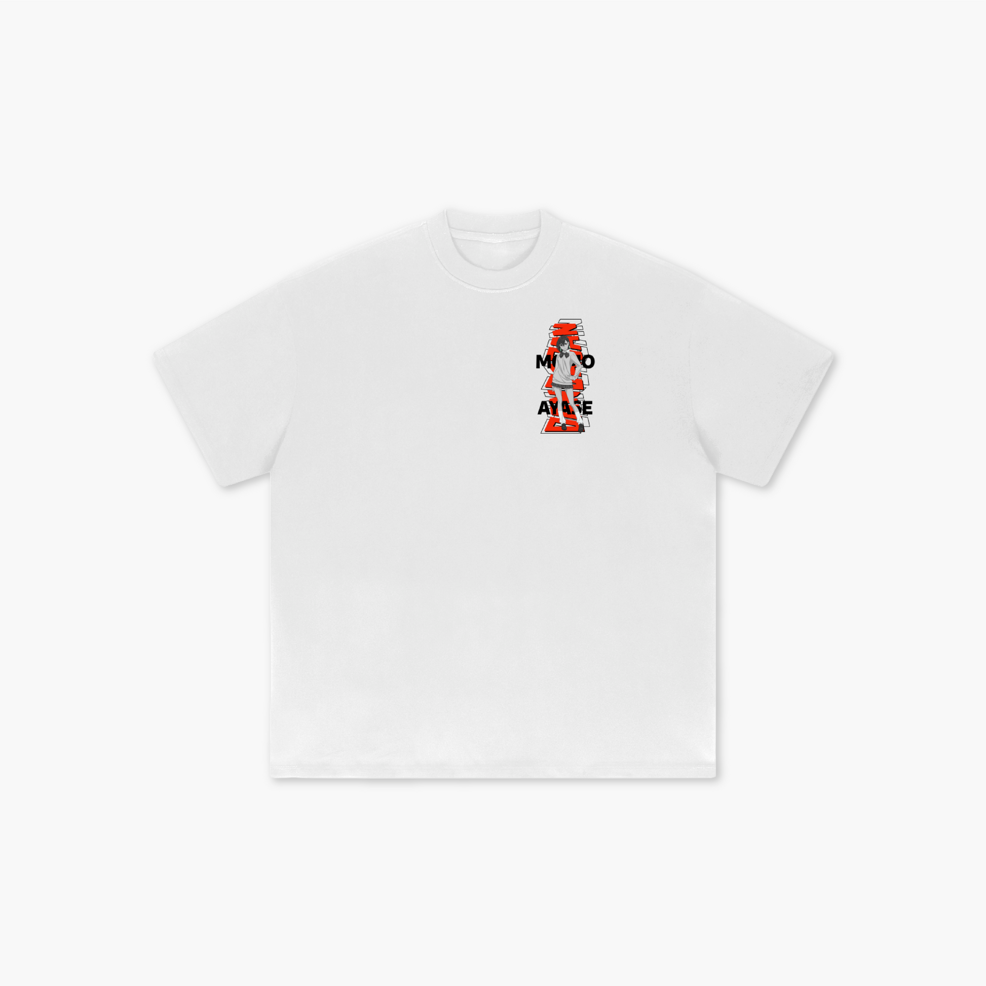 White t-shirt with a red and black graphic on a white background