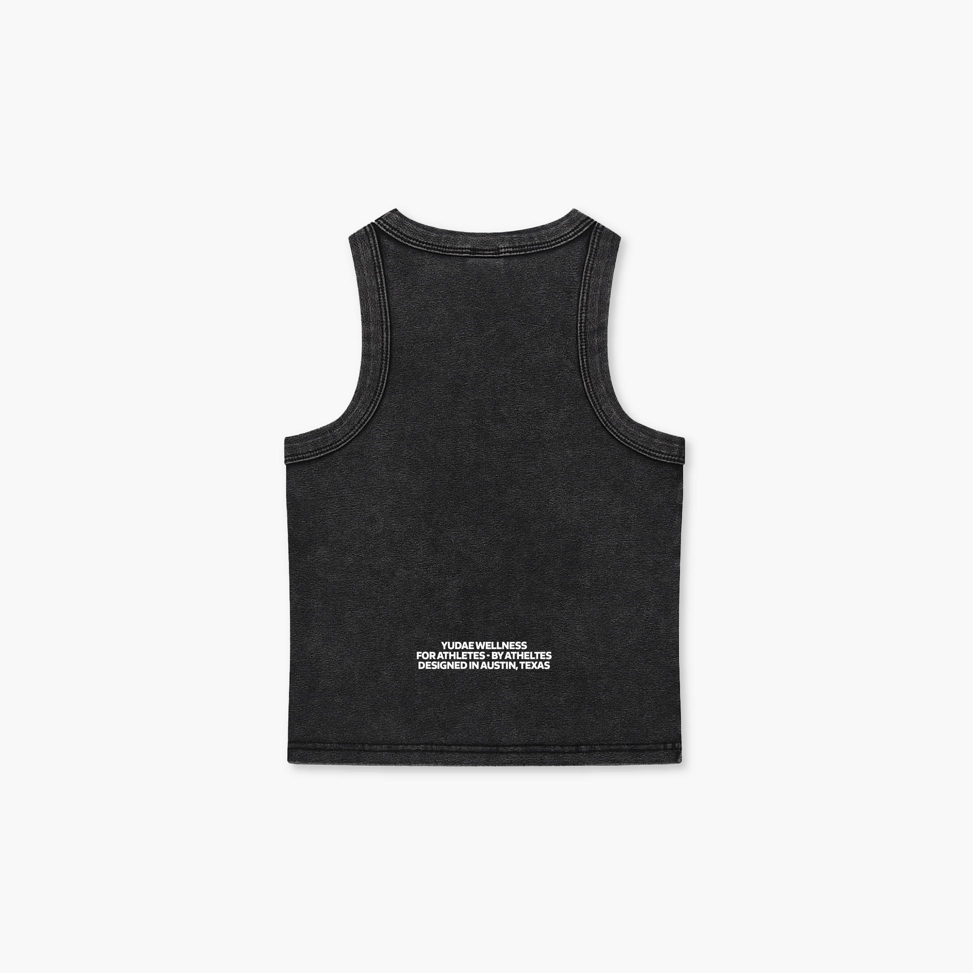 Black tank top with white text on a white background