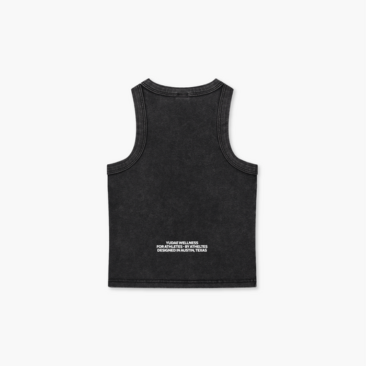 Black tank top with white text on a white background