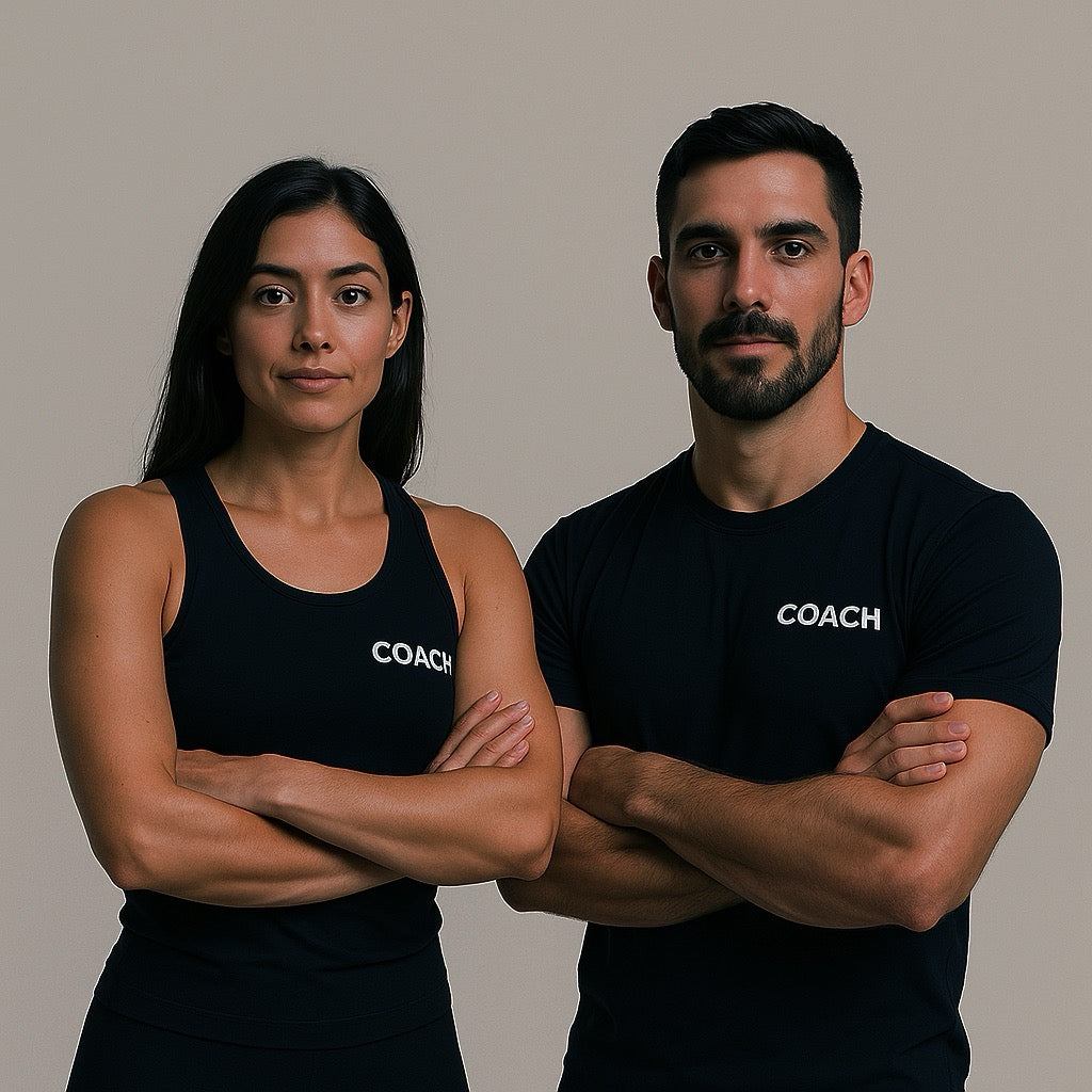 Two YUDAE Wellness personal trainers—one male and one female—stand confidently side by side in minimalist black athletic wear labeled "COACH," embodying balance and expertise in fitness coaching. Set against a clean, modern background, the image highlights YUDAE's premium dual coaching experience in Austin, Texas, ideal for high performers, couples, and at-home training clients seeking personalized wellness support.